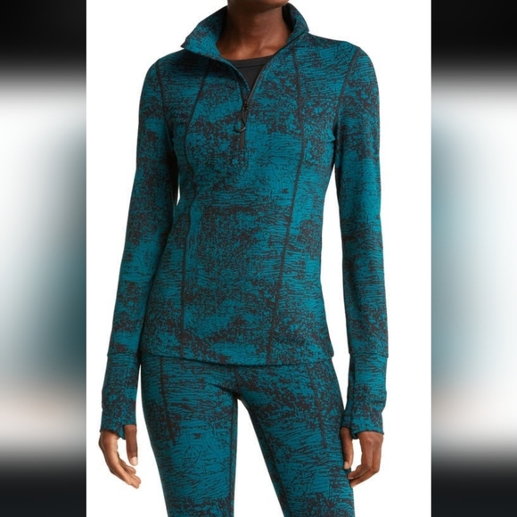 Zella Tops - Zella Basalt Jacquard Half Zip Running Top in Teal,‎ Size Medium